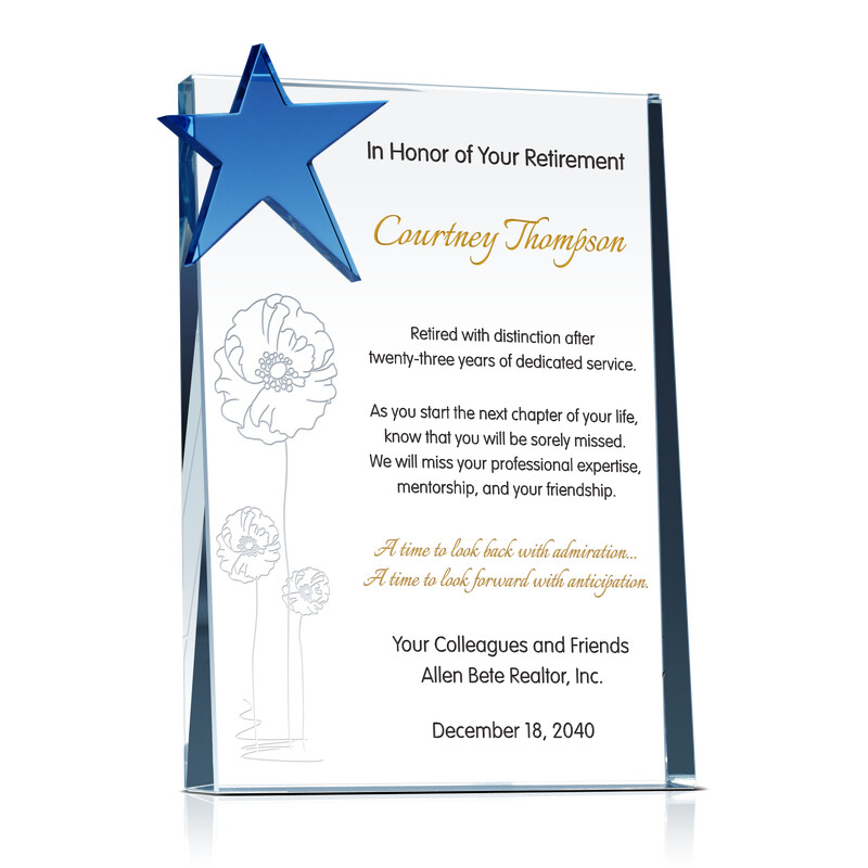 Crystal Star Retirement Gift Plaque for Woman