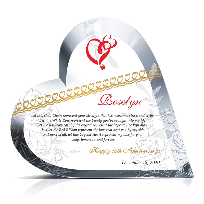 Heart Shaped Crystal 15th Wedding Anniversary Gift for Her