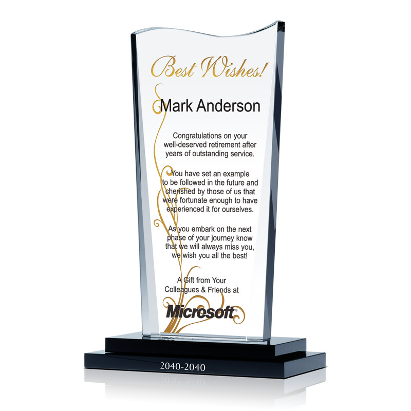 Crystal Wave Shaped Best Wishes Employee Retirement Appreciation Award Plaque