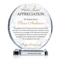 Circle Shaped Crystal Retirement Appreciation Plaque for Coworker & Mentor