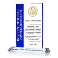 Crystal Retirement Award Plaque for Government Employee, Law Enforcement Officer