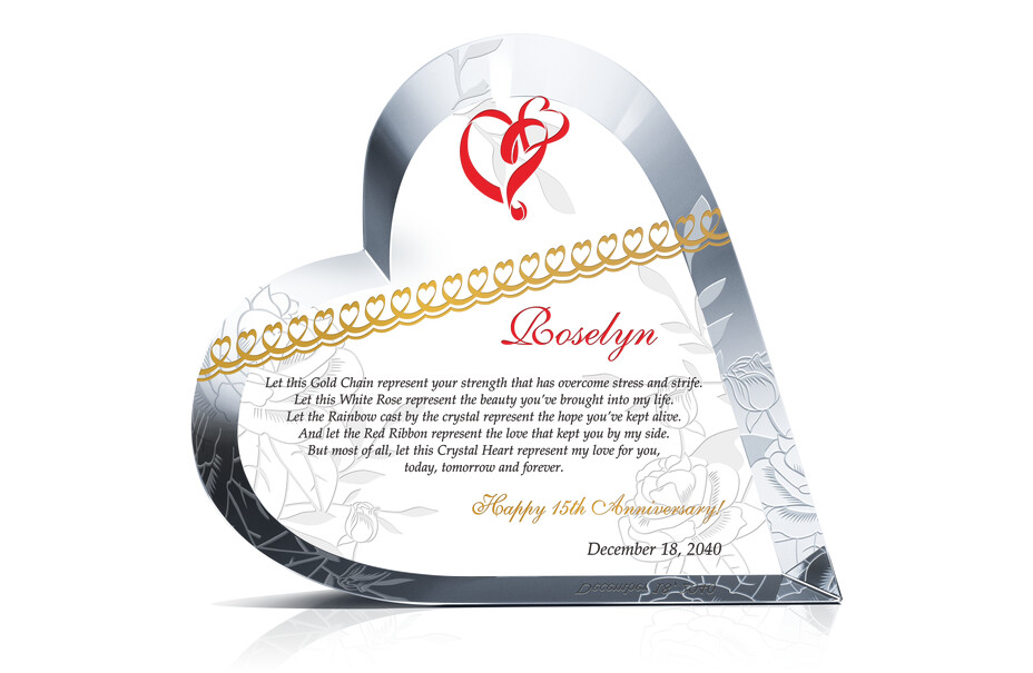 Heart Shaped Crystal 15th Wedding Anniversary Gift for Her