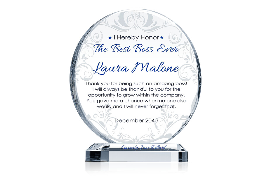 “Best Boss Ever” Crystal Plaque – Personalized Boss’s Day Gift