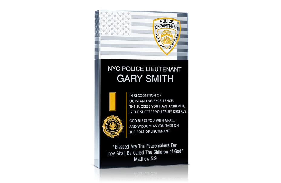 Police Lieutenant Promotion Plaque – Personalized Crystal Flag Gift with Bible Verse