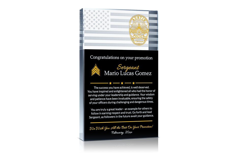 Police Sergeant Promotion Plaque – Personalized Crystal Flag Award for Leadership