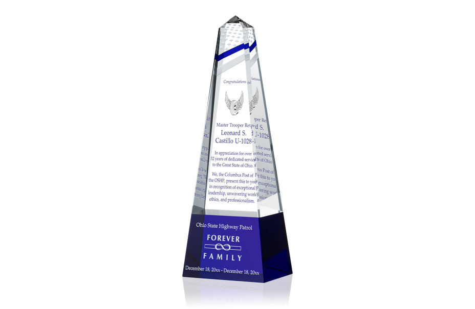 Police Retirement Plaque with Thin Blue Line – Personalized Crystal Tower Award for State Trooper or Law Enforcement