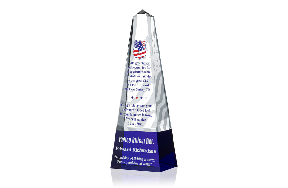 Police Officer Retirement Plaque – Personalized Crystal Obelisk Award with Flag Design