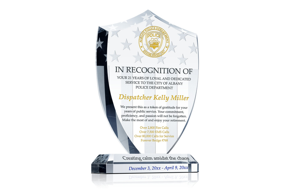 Police Dispatcher Retirement Plaque – Custom Crystal Shield Award
