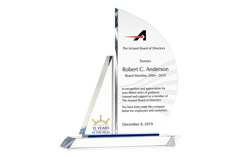 Crystal Sailboat Board Member Service Recognition Award Plaque
