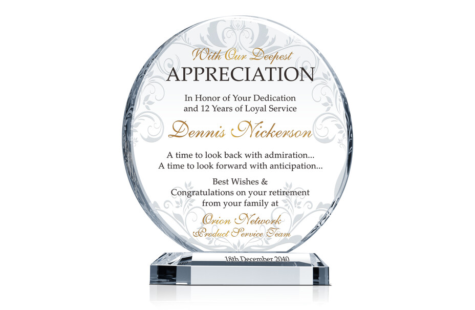 Crystal Custom Employee and Coworker Retirement Farewell Gift Plaque