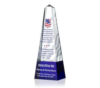 Police Officer Retirement Plaque – Personalized Crystal Obelisk Award with Flag Design