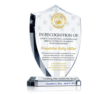 Police Dispatcher Retirement Plaque – Custom Crystal Shield Award