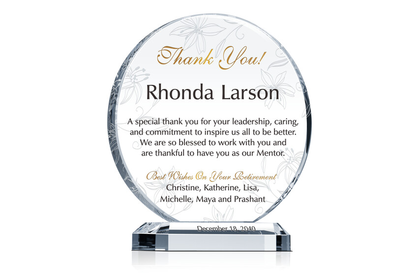 Circle Shaped Crystal Retirement Award Plaque