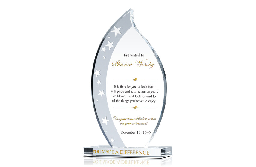 Flame Shaped Crystal Retirement Award Plaque